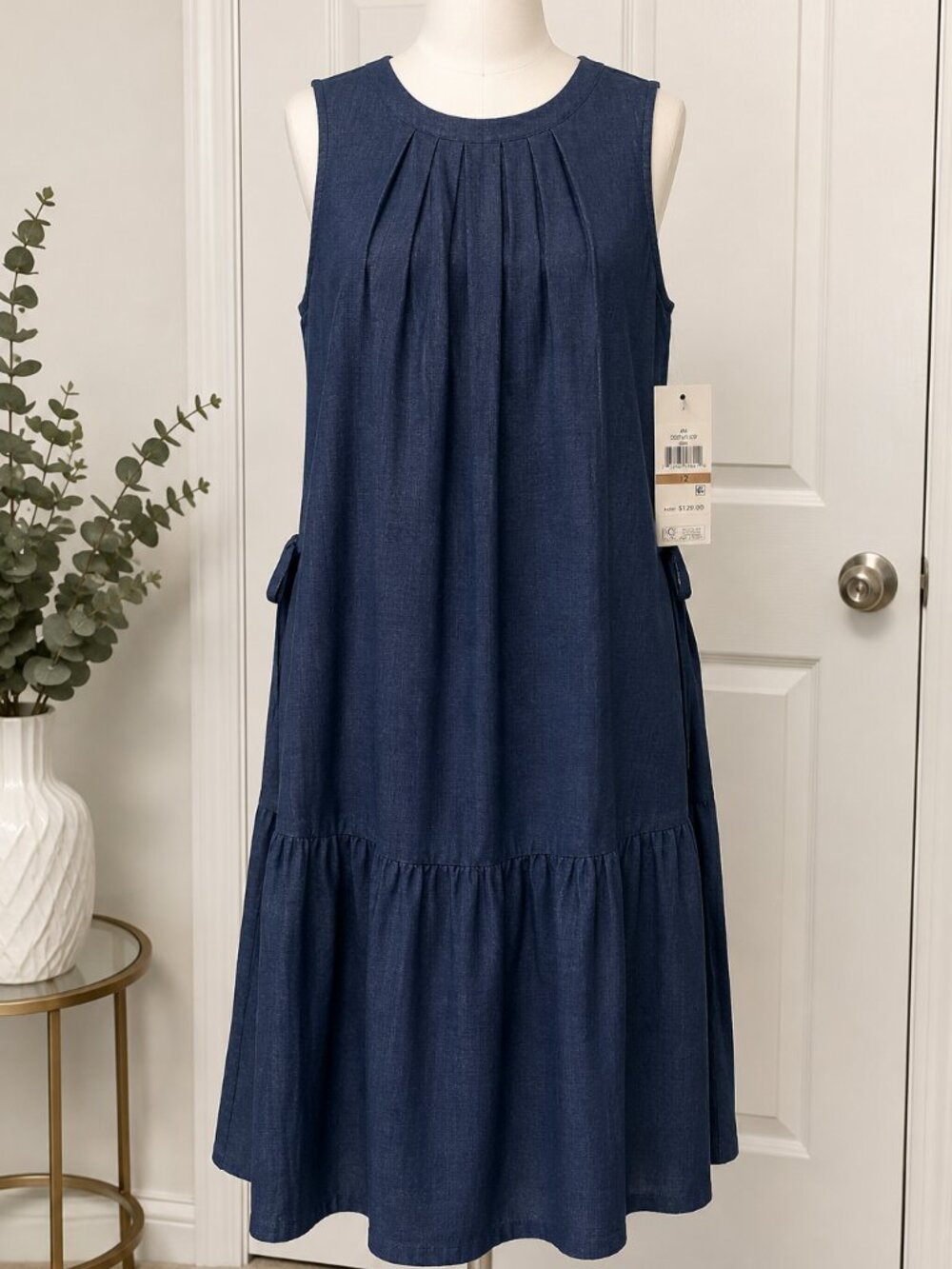 DKNY Sleeveless Navy Midi Tie-Detail Tiered Dress